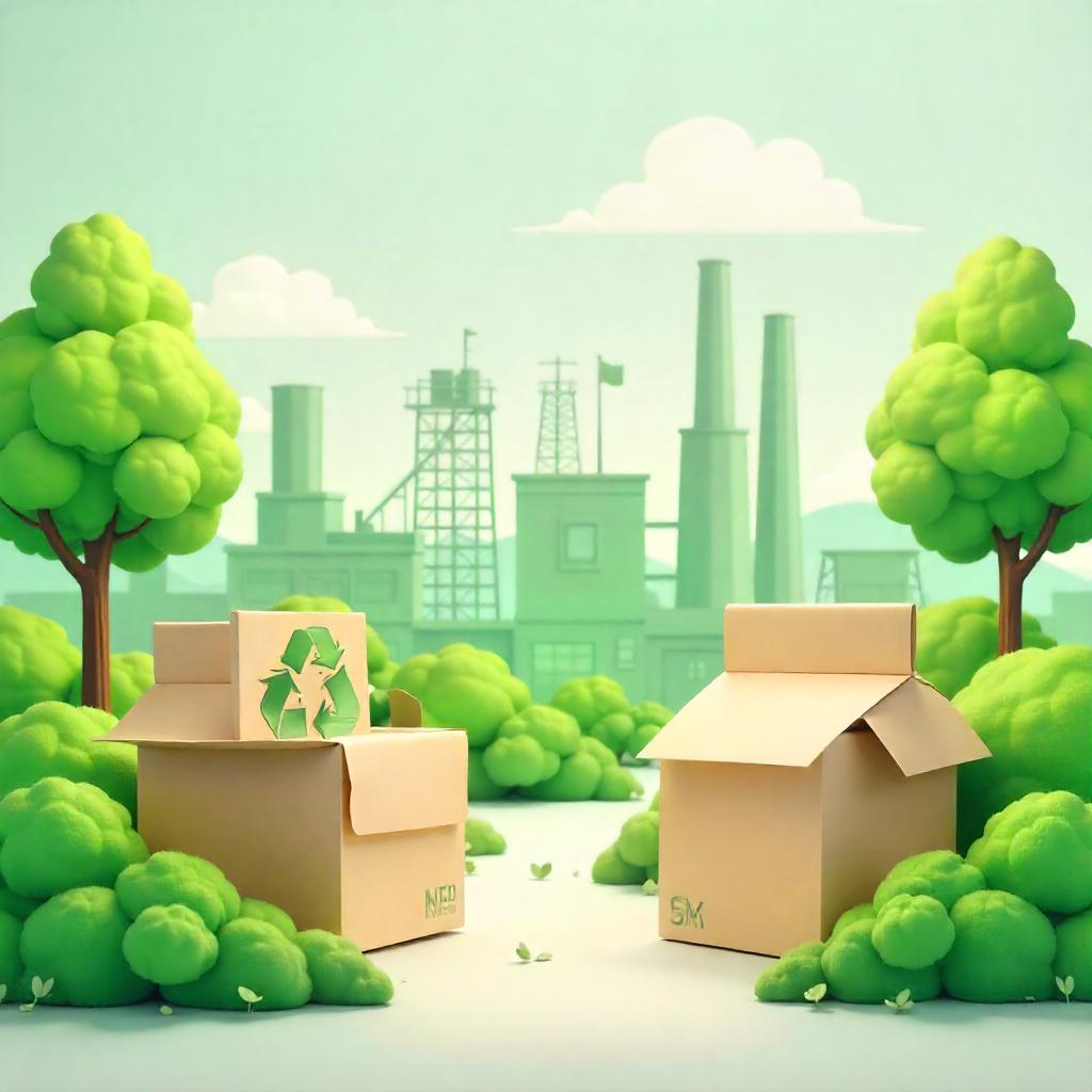 Modern illustration of paper recycling plant with recycled paper bundles and green surroundings.