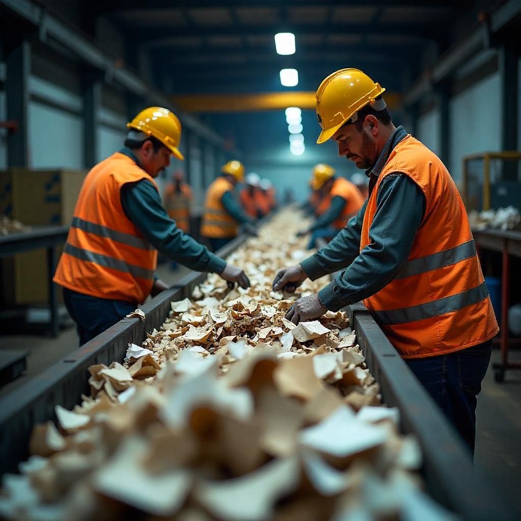 Workers sorting mixed paper waste in a recycling plant to tackle contamination issues.
