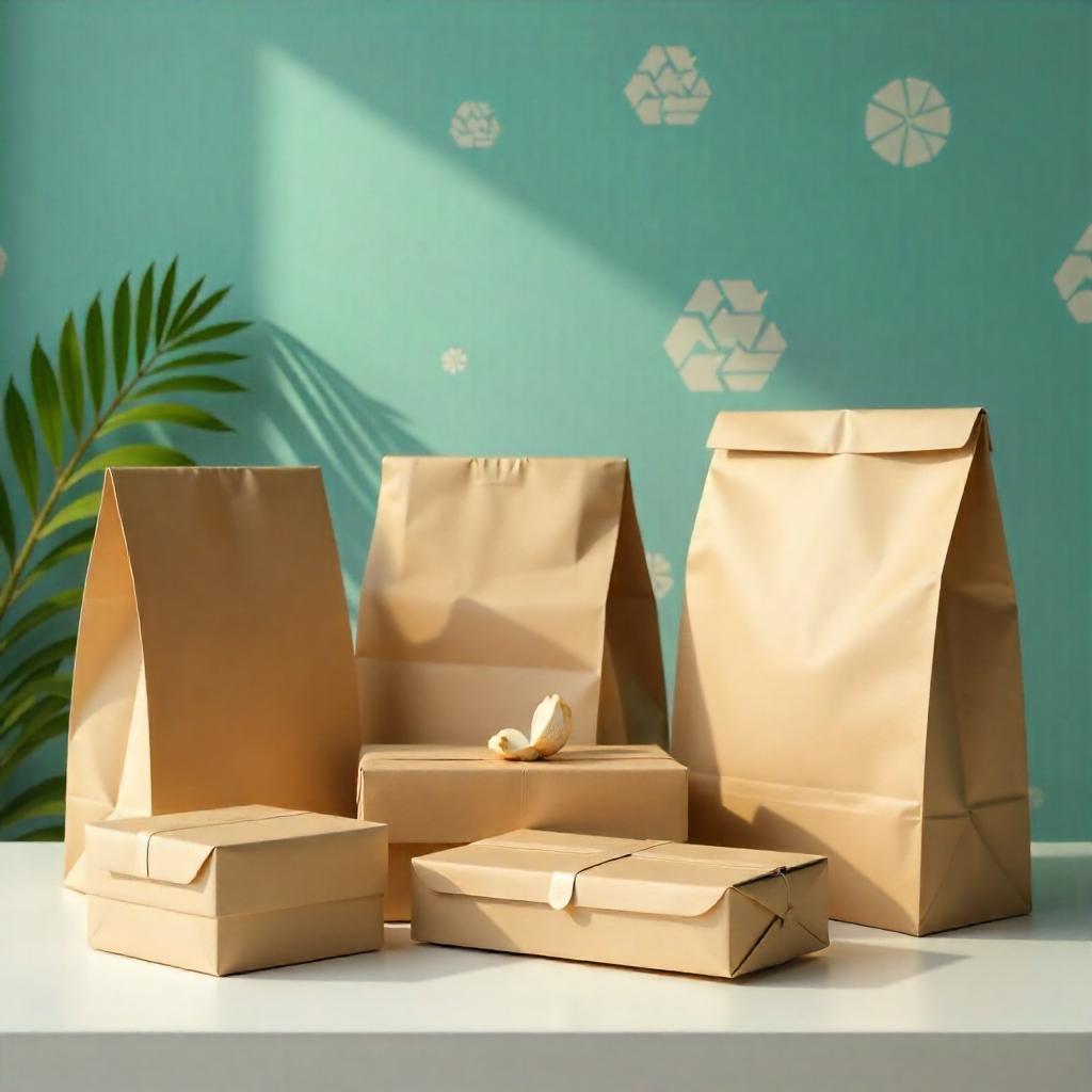 Different kraft paper packaging items including boxes, bags, and wraps on a display table.