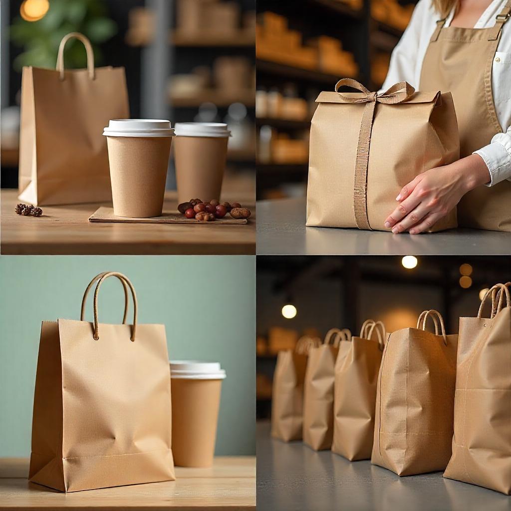 Split image showing kraft packaging used in cafes, e-commerce, fashion, and manufacturing.